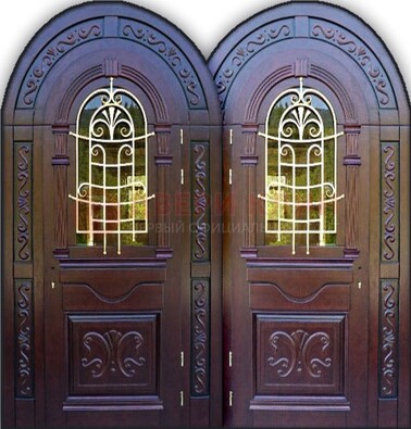Индивидуальная арочная дверь со стеклом и ковкой ДА-19 в Шатуре