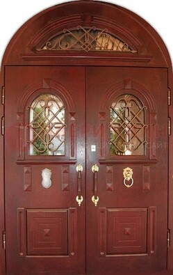 Стальная арочная дверь со стеклом и ковкой ДА-30 в дом из кирпича в Шатуре