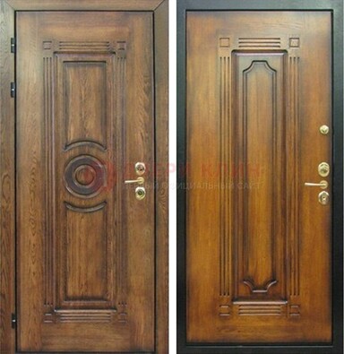 Коричневая металлическая дверь с массивом дуба с рисунком ДМД-10 в Шатуре