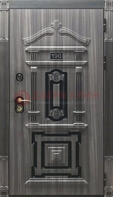 Серая уличная дверь с массивом дуба и узором ДМД-64 в Ликино-Дулево