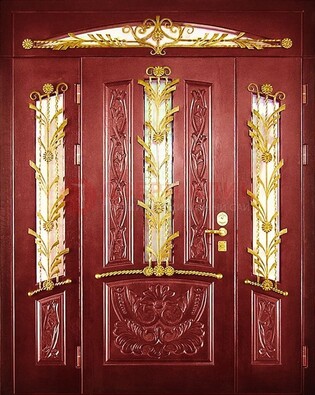Бордовая железная парадная дверь со стеклом и ковкой ДПР-75 в Шатуре