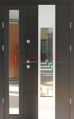 Темная полуторная стальная дверь со стеклом ДС-10 в Шатуре