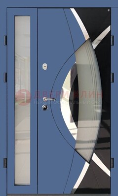Синяя металлическая дверь со стеклом и узором ДС-13 в Шатуре
