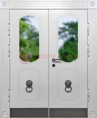 Белая двухстворчатая железная дверь со стеклом ДС-22 в Шатуре