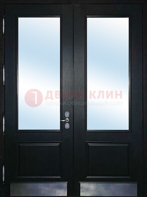 Черная двухстворчатая металлическая дверь со стеклом ДС-25 в Шатуре