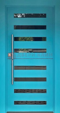 Голубая уличная дверь с МДФ панелью и стеклом ДС-51 в Шатуре