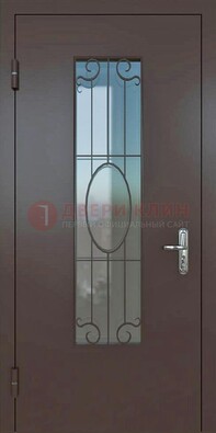 Коричневая наружная железная дверь со стеклом и ковкой ДСК-100 в Шатуре