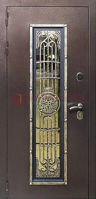 Железная дверь цвета медный антик со стеклом и ковкой ДСК-105 в Шатуре