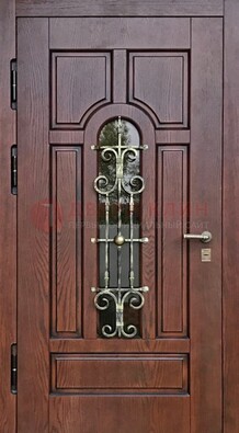 Cтальная дверь со стеклом и ковкой в коричневом цвете ДСК-119 в Шатуре