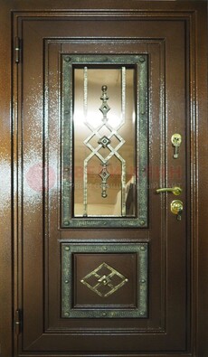 Теплая входная дверь со стеклом и ковкой разноцветной ДСК-13 в Шатуре