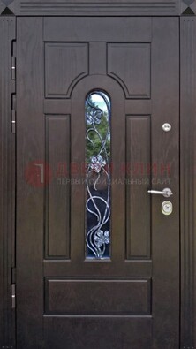 Металлическая дверь со стеклом и ковкой в цвете венге ДСК-142 в Шатуре