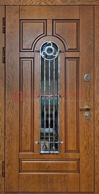 Коричневая стальная дверь со стеклом и ковкой для кирпичного дома ДСК-146 в Раменском