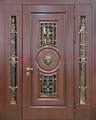 Коричневая стальная дверь со стеклом и ковкой ДСК-147 с фрамугами в Шатуре