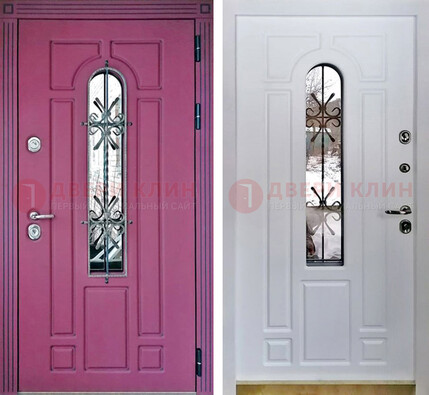 Розовая металлическая дверь со стеклом и ковкой ДСК-151 в Шатуре