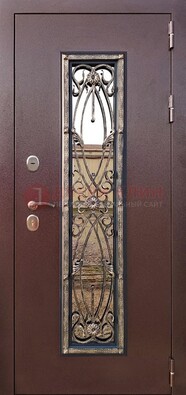 Коричневая стальная дверь порошок со стеклом и ковкой для дома ДСК-169 в Шатуре