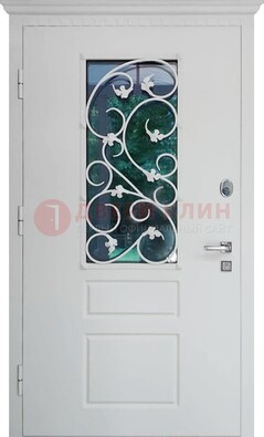 Белая металлическая дверь винорит со стеклом и ковкой ДСК-184 в Шатуре