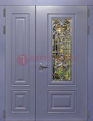 Сиреневая стальная дверь со стеклом и ковкой ДСК-199 в Шатуре
