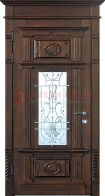 Филенчатая входная дверь Массив со стеклом и ковкой ДСК-227 в Шатуре