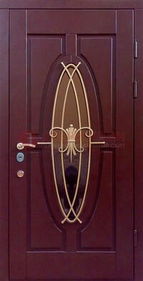 Бордовая стальная дверь Винорит со стеклом и ковкой ДСК-263 в Лыткарино