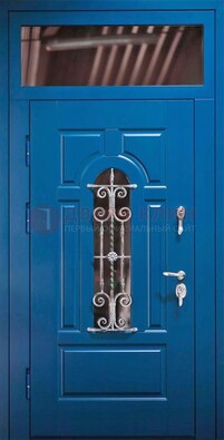 Синяя железная филенчатая дверь со стеклом и ковкой ДСК-97 в Шатуре