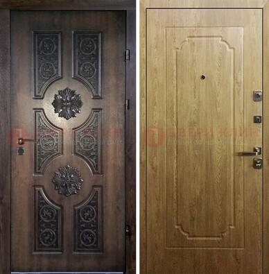 Железная коричневая дверь с виноритом и терморазрывом Золотой дуб внутри ДВТ-101 в Шатуре