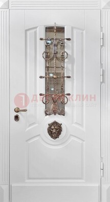 Белая металлическая дверь с виноритом и стеклом с ковкой ДВТ-165 в Шатуре