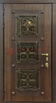Коричневая металлическая дверь с виноритом и ковкой ДВТ-199 в Шатуре
