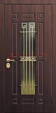 Уличная коричневая дверь с виноритом и панелью Тисненый орех ДВТ-95 в Шатуре