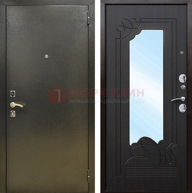 Железная темная дверь c порошковым напылением и МДФ с узором и зеркалом ДЗ-111 в Раменском