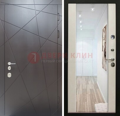 Железная коричневая дверь со светлой МДФ внутри и зеркалом ДЗ-125 в Шатуре
