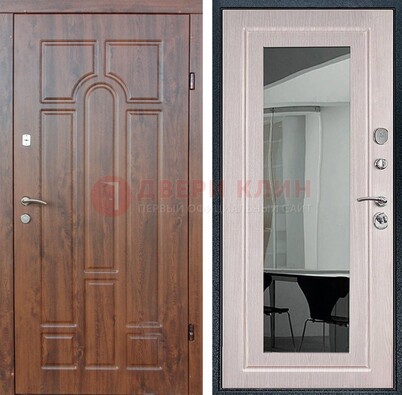 Входная коричневая дверь с МДФ Белый дуб и зеркалом ДЗ-126 в Шатуре