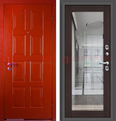 Красная металлическая дверь с МДФ и зеркалом ДЗ-136 в Шатуре