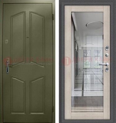 Зеленая стальная дверь с МДФ панелями и зеркалом ДЗ-137 в Шатуре