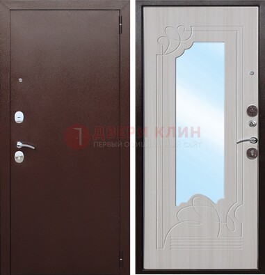 Коричневая металлическая дверь с зеркалом МДФ внутри ДЗ-33 в Шатуре