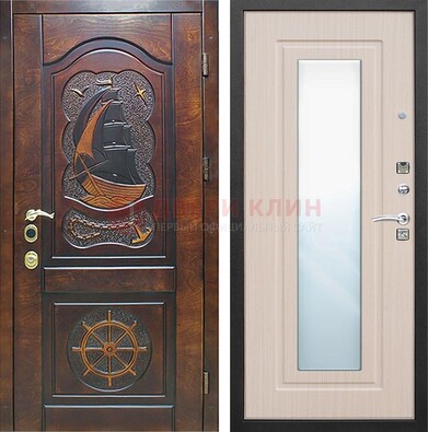 Темная уличная дверь с резьбой и зеркалом внутри ДЗ-49 в Брянске