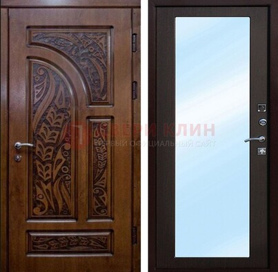 Коричневая входная дверь c узором и виноритом МДФ с зеркалом ДЗ-98 в Шатуре