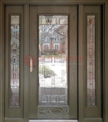 Коричневая стальная дверь с массивом дуба с витражом ВЖ-16 в Шатуре
