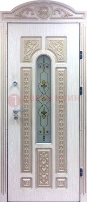 Белая железная дверь с МДФ и витражом ВЖ-26 в Шатуре