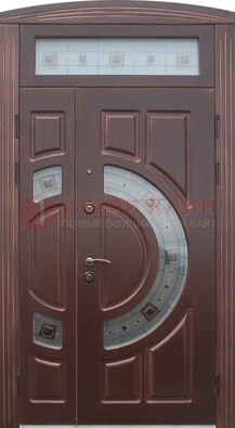 Коричневая двухстворчатая железная дверь с МДФ и витражом ВЖ-29 в Шатуре