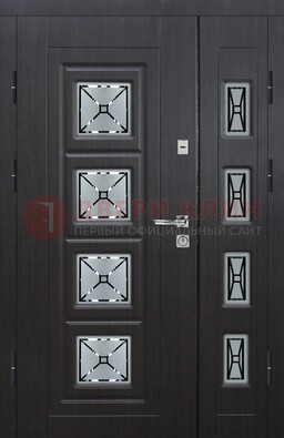 Чёрная двухстворчатая железная дверь с МДФ и витражом ВЖ-35 в Шатуре