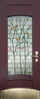 Бордовая стальная дверь с витражом и декоративным элементом ВЖ-3 в Шатуре